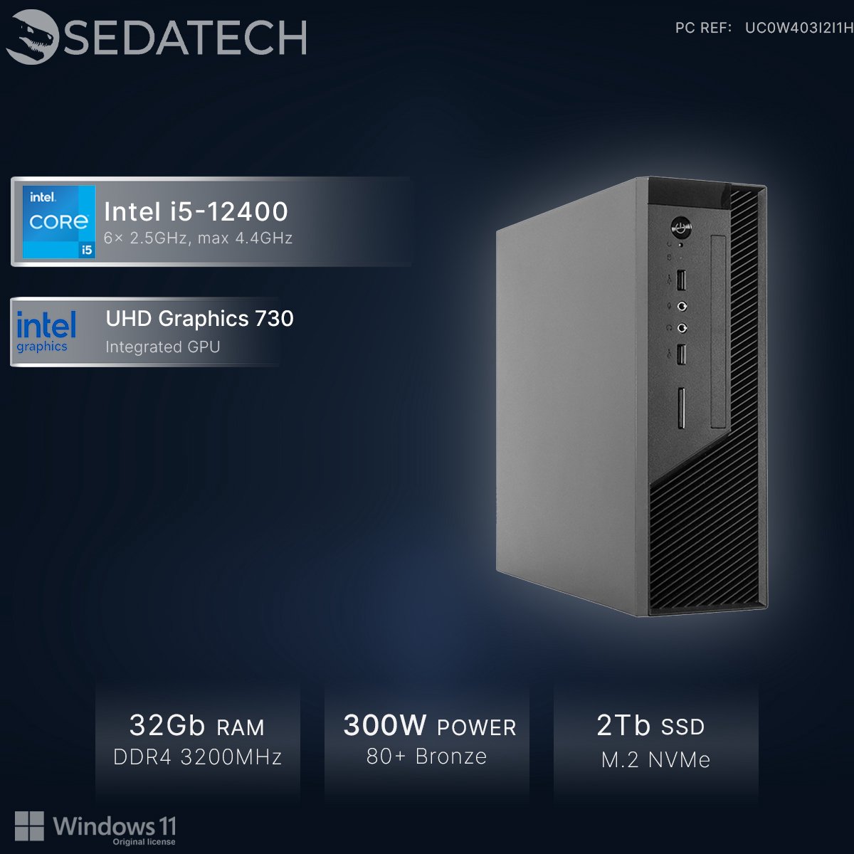 Sedatech Mini-PC Werkstation ITX • Intel i5-12400 6x 2.5GHz • Intel UHD Graphics 730 • 32Gb RAM • 2Tb SSD M.2 • DVD-RW • WiFi • Bluetooth, USB C • CardReader • Windows 11 • Desktop computer thumbnail 3
