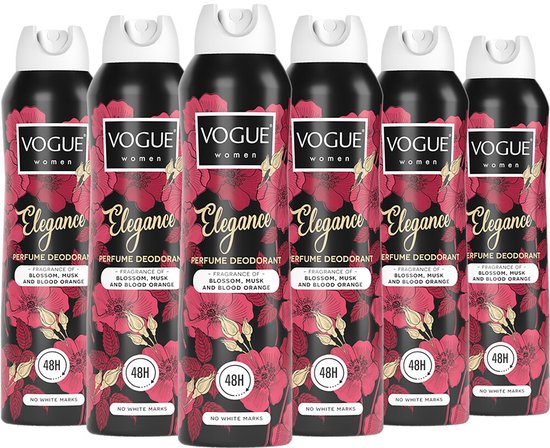 Zes Vogue Elegance Parfum Deodorant sprays met een zwart design, versierd met roze bloemen en bladeren. 48H bescherming.