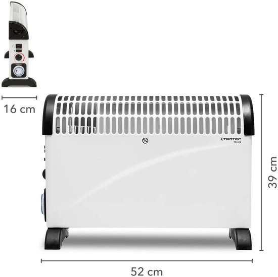 Witte elektrische kachel met zwarte details, grill, voetjes, en metingen van 16cm diep, 39cm hoog en 52cm breed.