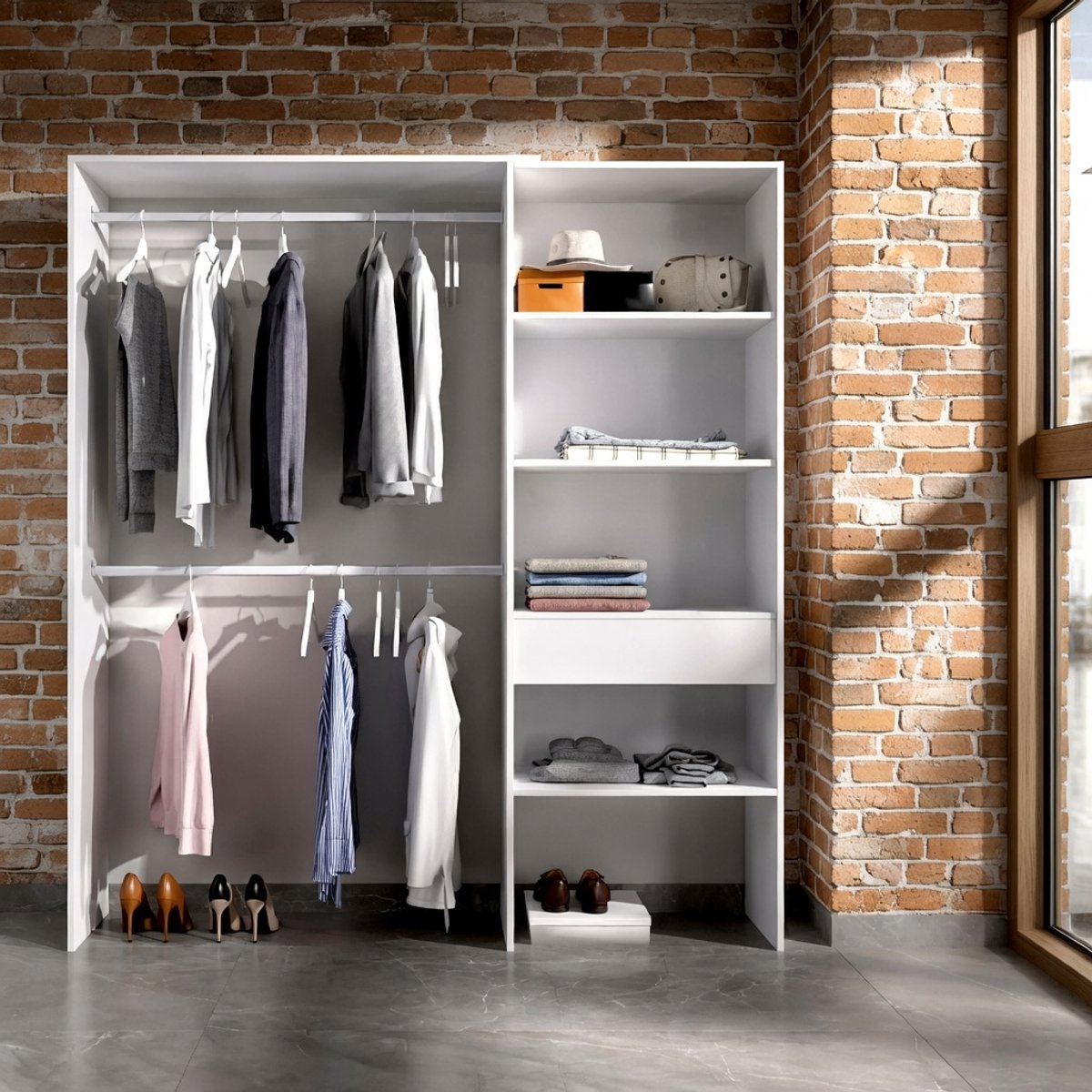 Grote Inloopkast Structuur Lhotse – Open Kledingkast met Planken, Kledingstangen en Lade – 160 x 40 x 187 cm – Wit – Novihome