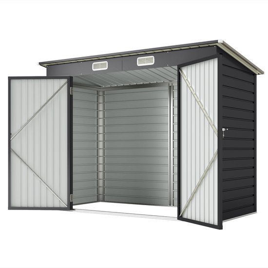 Donkergrijze berging met twee open klapdeuren, ventilatieroosters onder het dak.