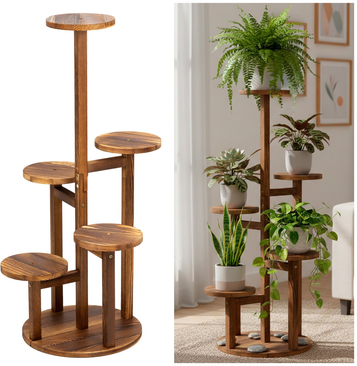 Springos Plantenstandaard - Bloemenstandaard - Bloementrap - Hout - 6 - Laags - 87 Cm - 25 Kg