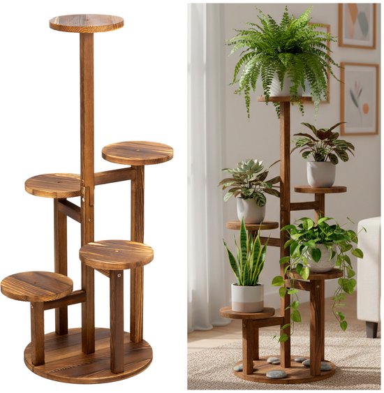 Springos Plantenstandaard - Bloemenstandaard - Bloementrap - Hout - 6 - Laags - 87 Cm - 25 Kg