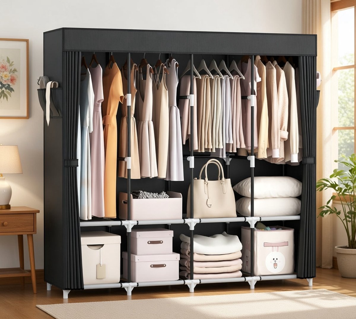Grote Stoffen Kledingkast – Opvouwbare Kledingkast met 4 Kledingstangen, 4 Legplanken en Beschermhoes – Ruime Textielkast voor Slaapkamer, Woonkamer of Kelder – Zwart, 170x45x167 cm Novihome