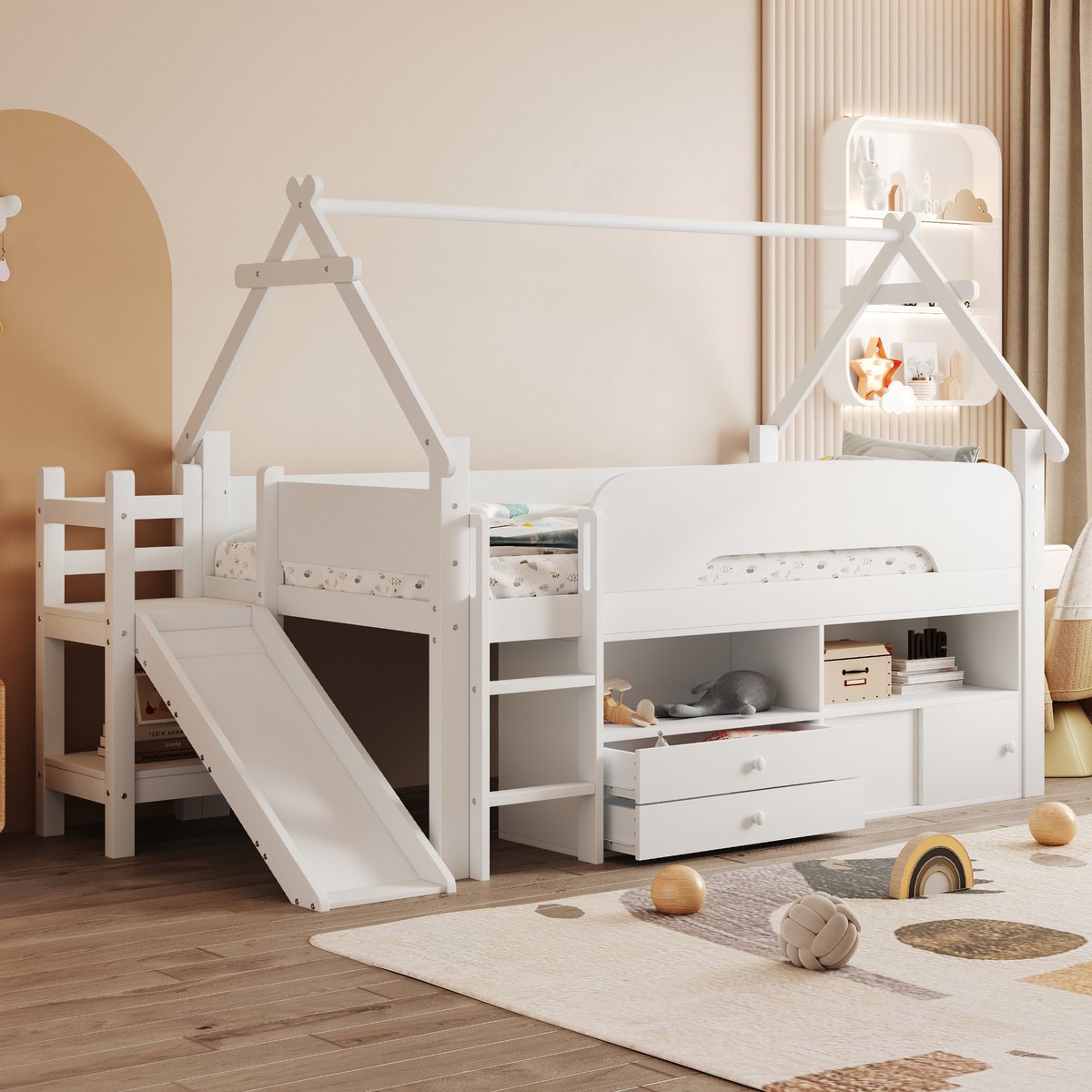 Clruro Kinderbed - 90x200 cm - Met Glijbaan en Lades - Speelruimte - Massief Hout - Wit