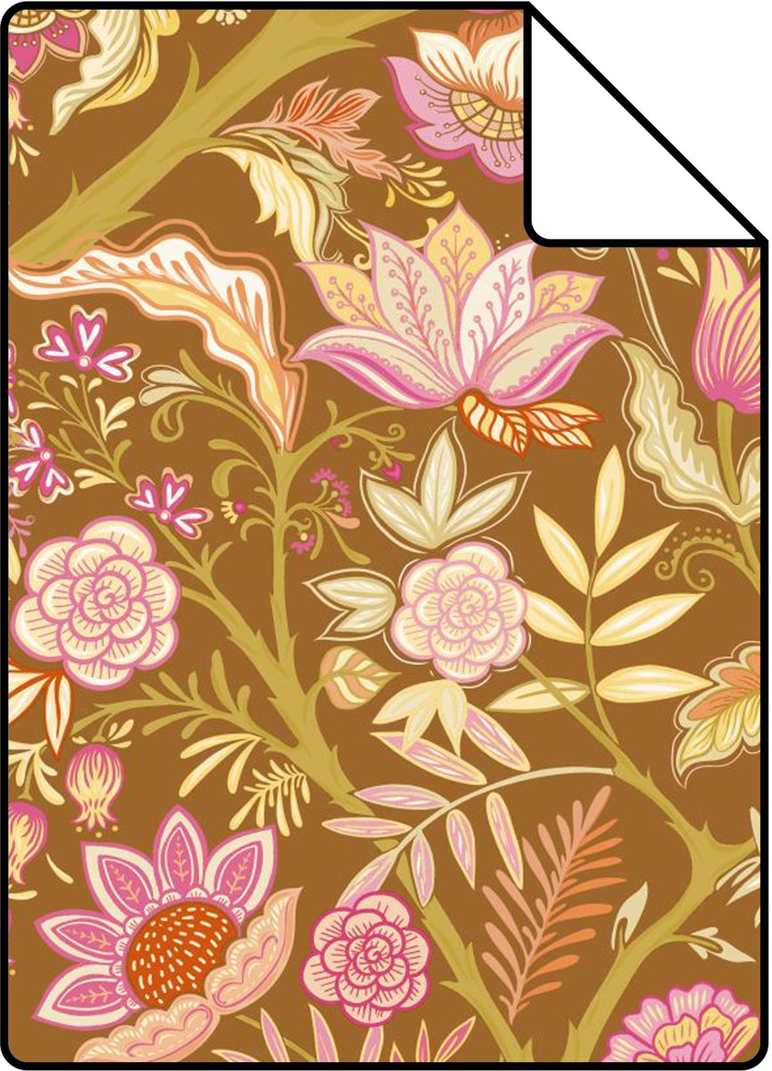 Proefstaal ESTAhome behang vintage bloemen groen en fuchsia roze - 26.5 x 21 cm - 131727-S