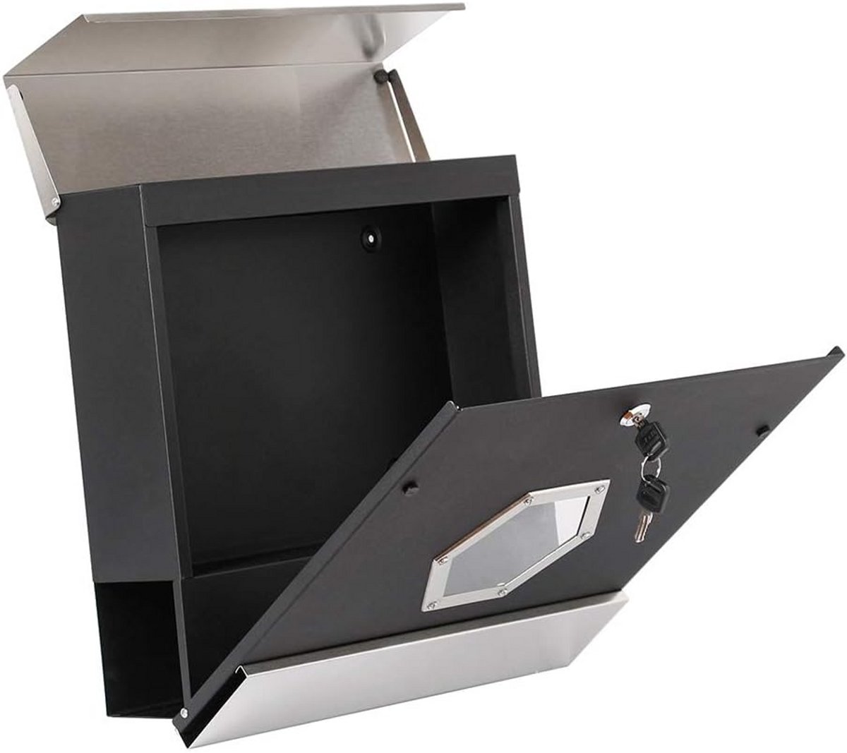 Moderne Wandbrievenbus met Porthole - Zwart, Weerbestendige Brievenbus met Krantencompartiment