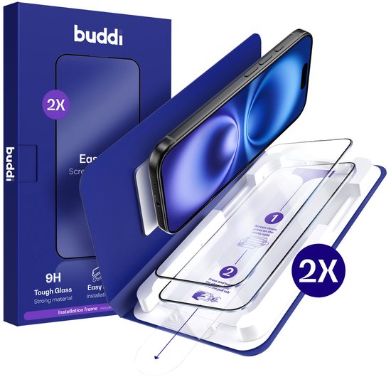 2-Pack Screenprotector Geschikt voor iPhone 16 & iPhone 15 - Buddi Easy Fit Tempered Glass met Installatietray - 9H+ Gehard Glas - Case Friendly Glasplaatje - Eenvoudige montage