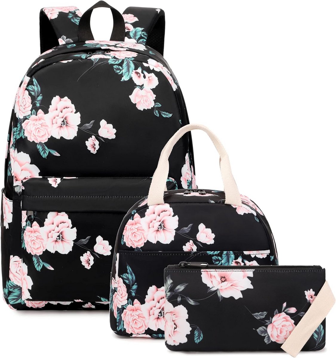 Schooltas Meisjes 3-delige Set Rugzak met Lunchtas en Pennenhouder Bloemenpatroon