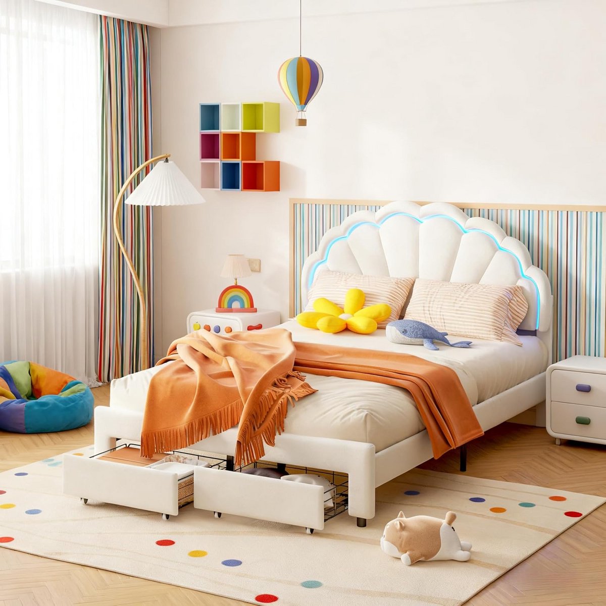 Eenpersoonsbed 140x200 met Verstelbaar Hoofdeinde, Velvet Tienerbed met LED Verlichting en Opberglade