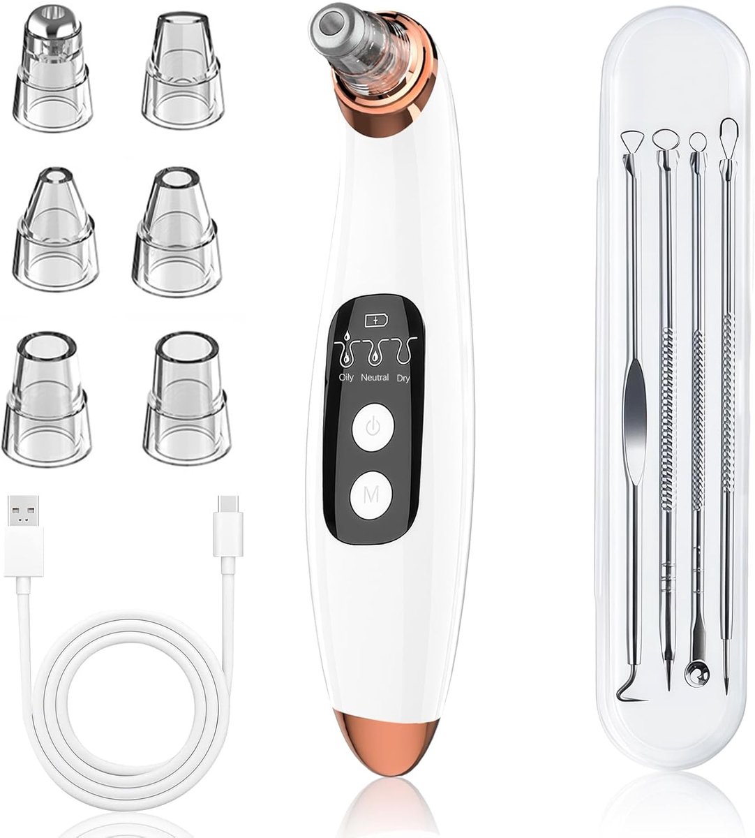 Reiniger voor Acne en Mee-Eters - USB-Oplaadbaar Apparaat voor Het Verwijderen van Mee-Eters - met 6 Opzetstukken voor Het Verwijderen Van Witte Mee-Eters - Veilig, Effectief en Pijnloos