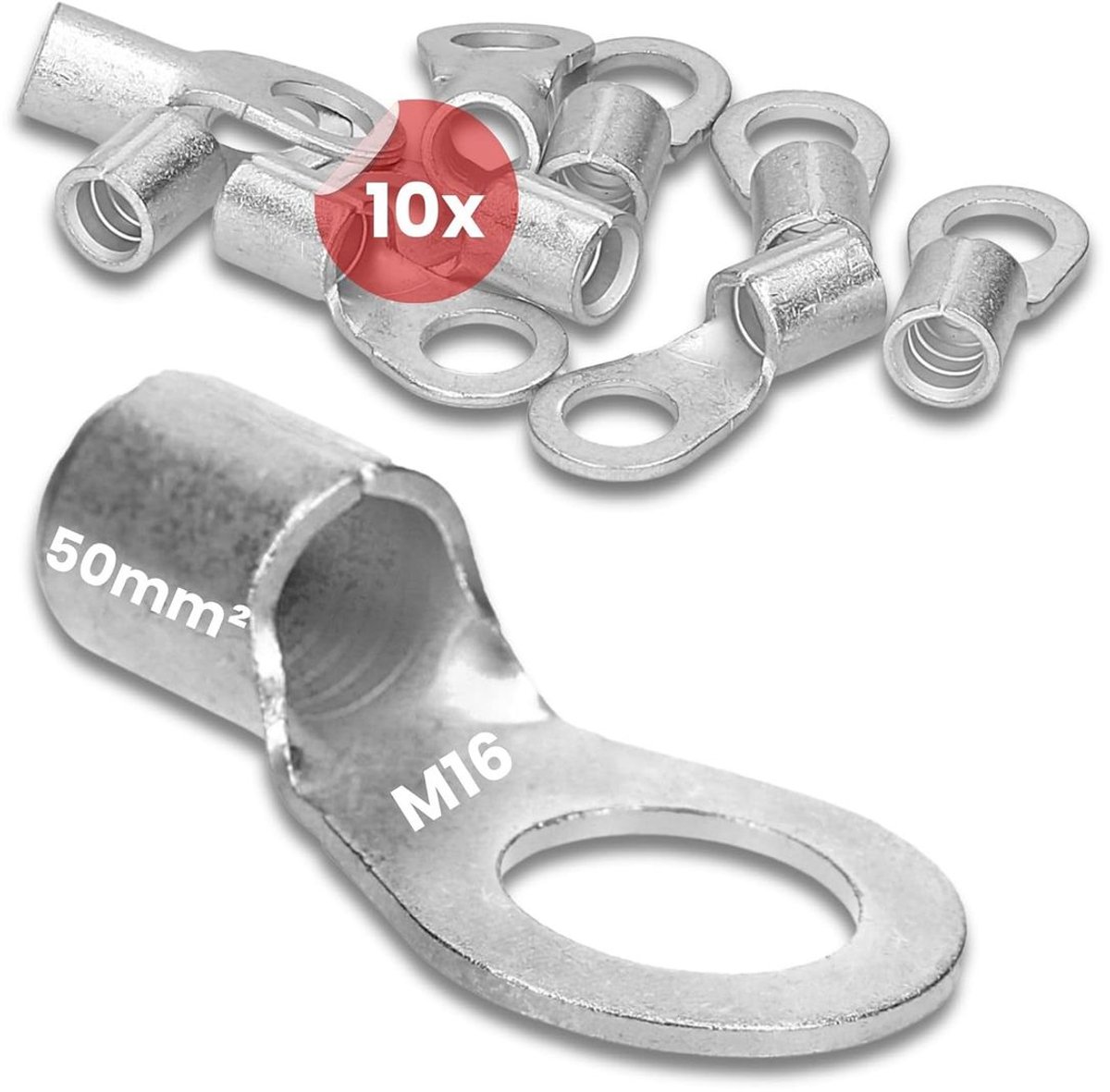 10 stuks Kalitec Q50-16 krimpklemmen voor kabels 50 mm² M16 | Ongeïsoleerd | Krimpen met pinnen | Voor meeraderige, fijn- en extra-fijnaderige geleiders | Kabelklem 50 mm² volgens DIN 46234