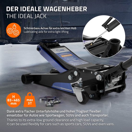 Zwarte hydraulische krik met blauwe accenten, nabij een autoband, met oranje indicatie H 83-465 mm en max 3T.