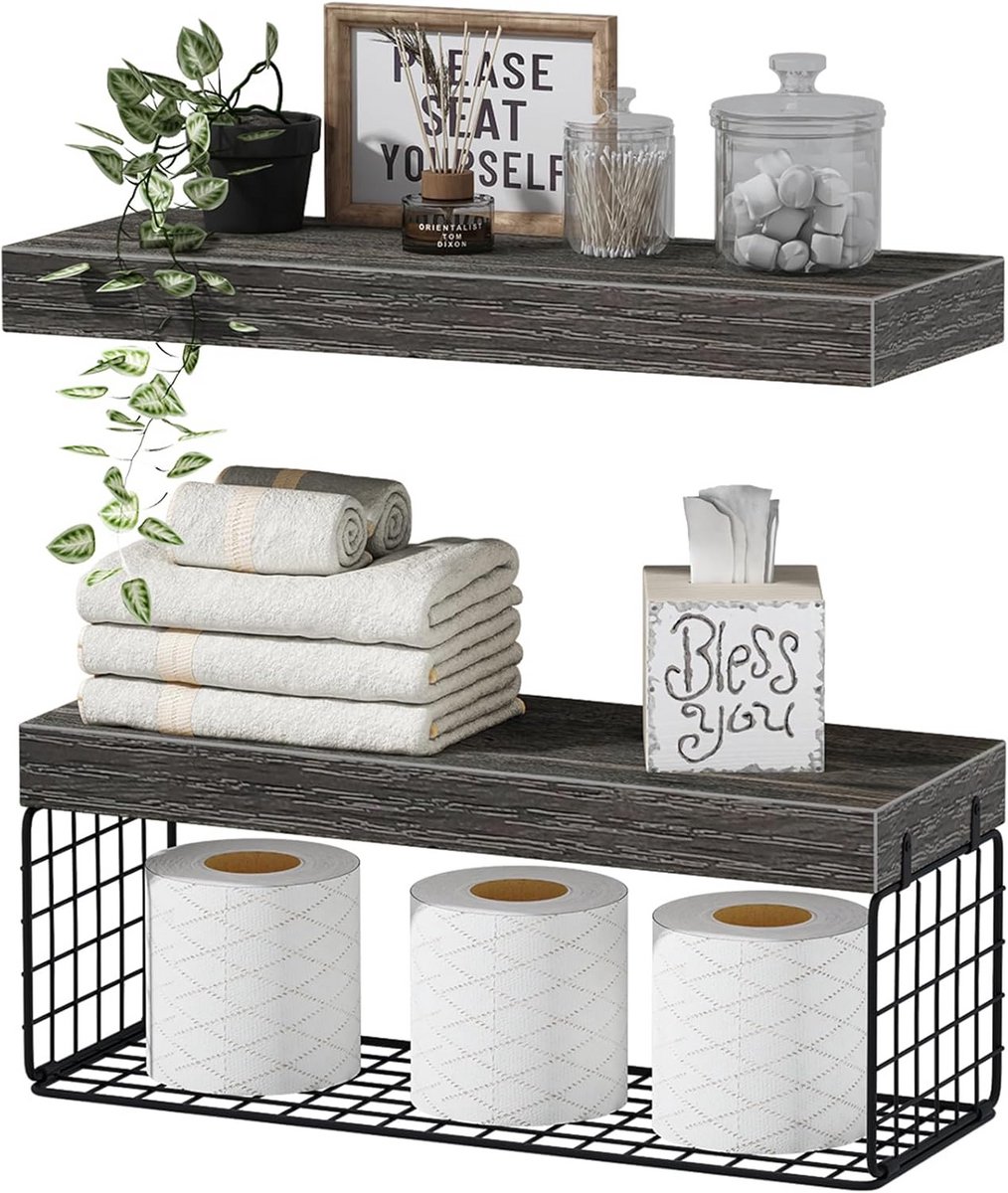 QEEIG Bathroom Shelves Above Toilet - Wall Mounted Floating Shelves Toilet Paper Storage Small Farmhouse Decorative Shelf 16 Inch Set of 2, Grey (019-GY2)
