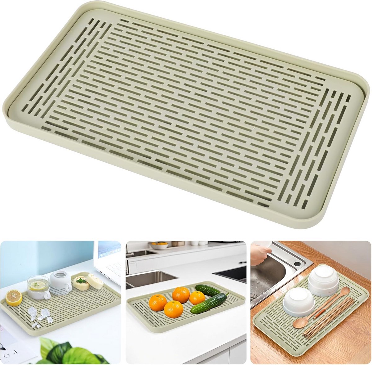 Afwasdrainer met Vangtrok - Wateropvang, Droogtray voor Fruit, Mokken, Bestek en Badkameraccessoires - 39 x 22.5cm, Groen