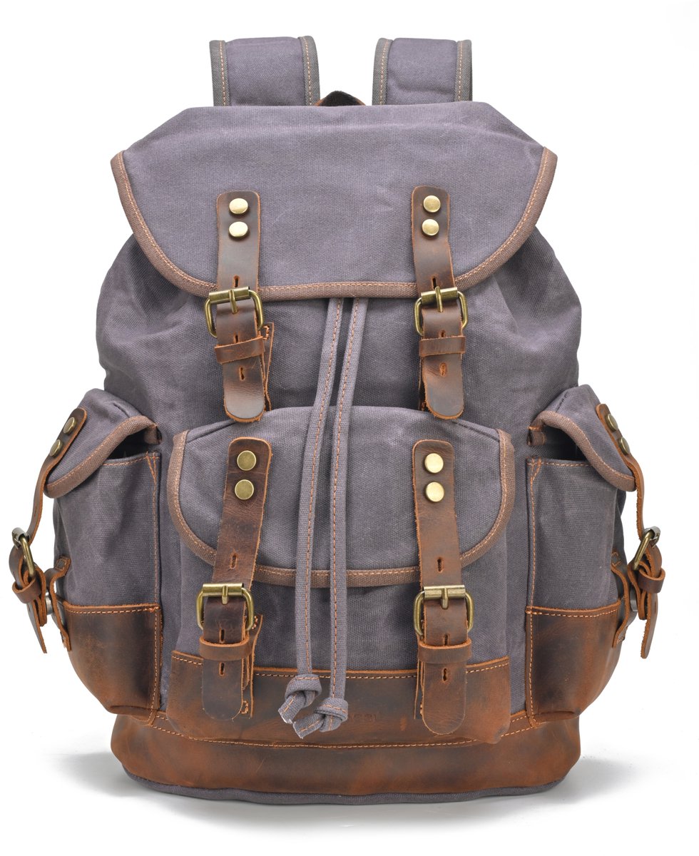 DE LAMASSU® Canvas Laptop Rugzak 15.6 inch – Vintage Backpack – Waterafstotend – Echt Leer – 22L – 32 × 15 × 45 cm