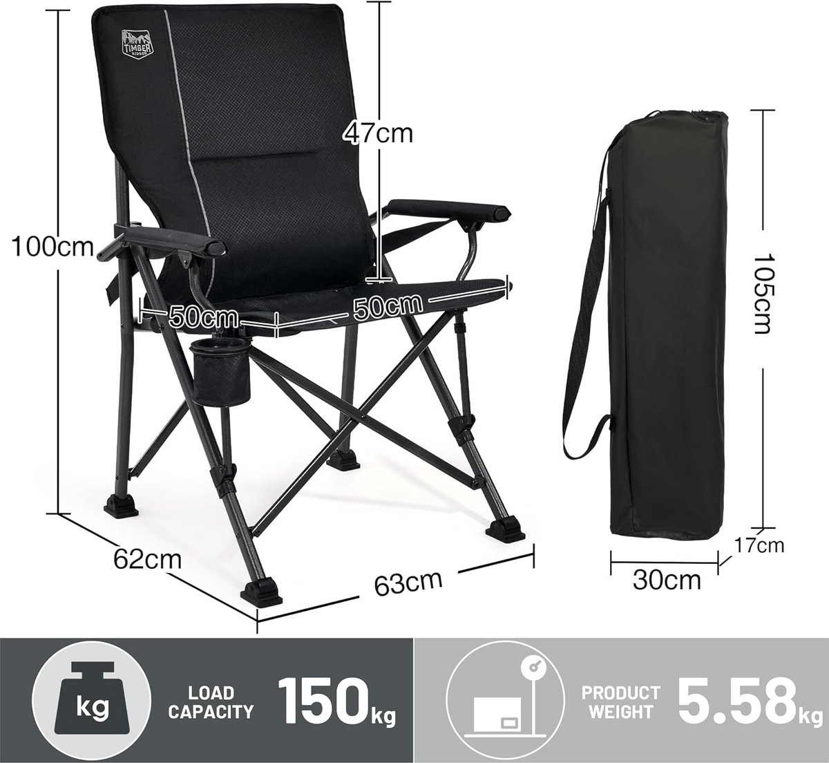 Opvouwbare Campingstoel met Hoge Rugleuning en Bekerhouder - Draagbare Klapstoel tot 150 kg voor Camping, Picknick en Tuin — cadeau in Sport & Outdoor - foto 6