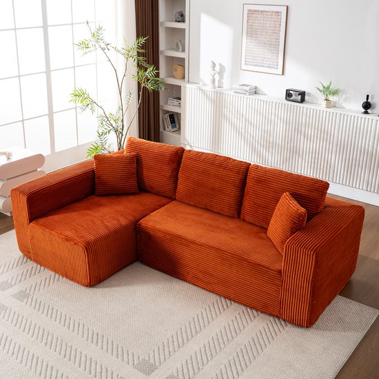 OKWISH Canapé d'angle 258 X 155 X 89 Cm - Forme L modulaire avec méridienne - Assise profonde et revêtement en velours côtelé doux - Salon chambre à coucher - Orange