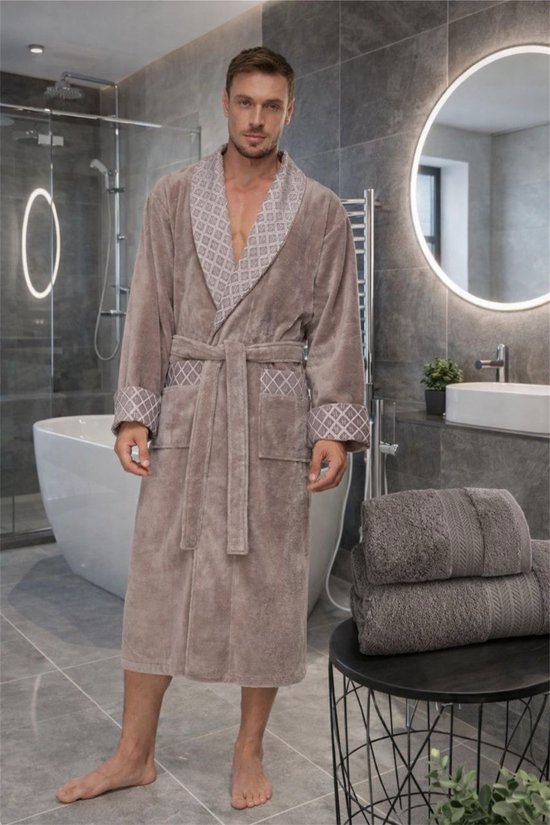 Heren Bamboo Katoen Badjas Damian / Stone/ XXXL