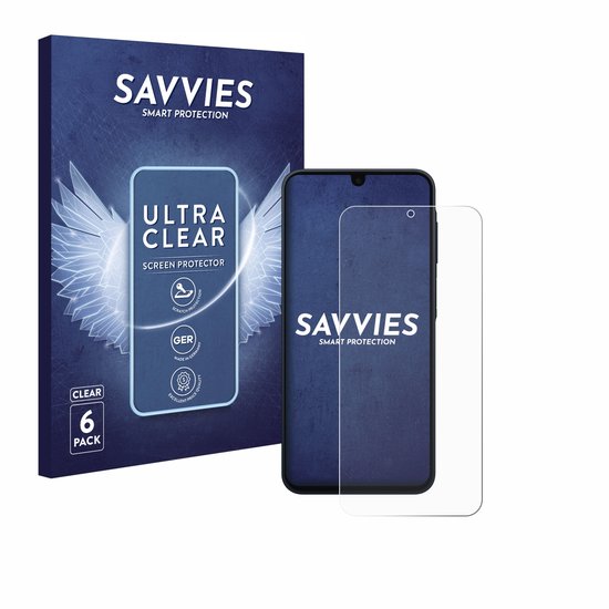 SAVVIES Smart Protection verpakking en transparante screenprotector voor een smartphone, 6 stuks. De protector toont "ULTRA CLEAR" en keurmerken.
