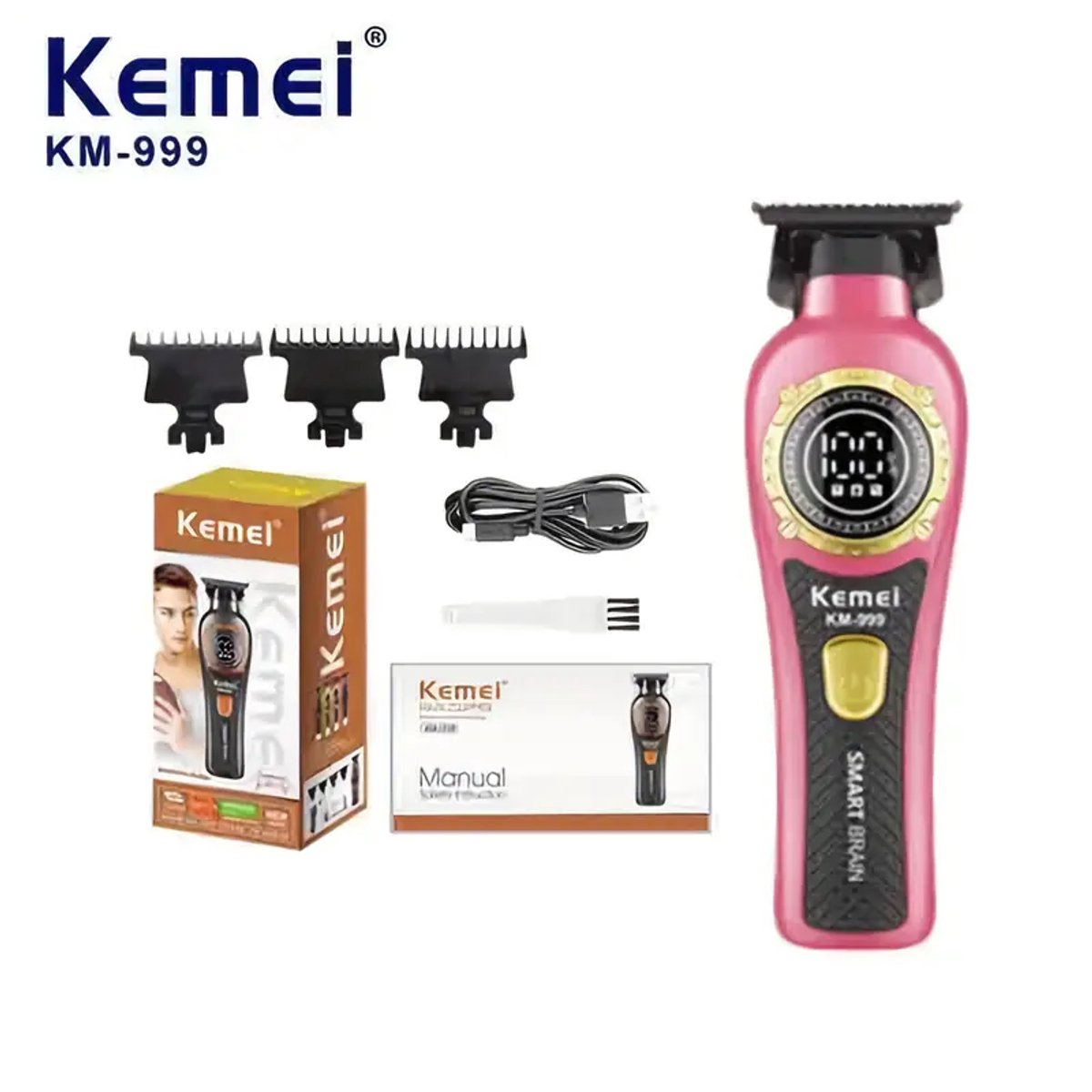 Professionele Kemei KM-999 Draadloze T-Blade Tondeuse – Digitale Display – Oplaadbaar – Inclusief 3 Opzetkammen – Voor Barbiers & Thuisgebruik