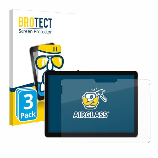 BROTECT Screen Protector verpakking, 3 stuks, met een tablet en een schermprotector.