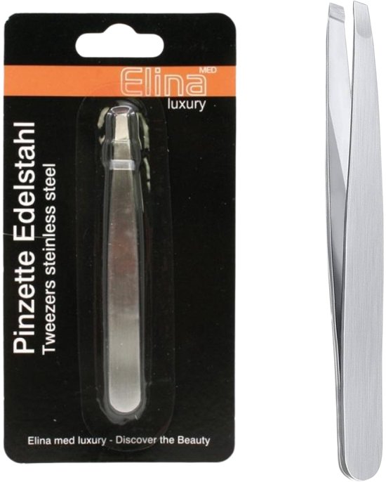 Een zilverkleurig roestvrijstalen pincet in een zwarte verpakking met de tekst "Pincette Edelstahl" en "Tweezers stainless steel".