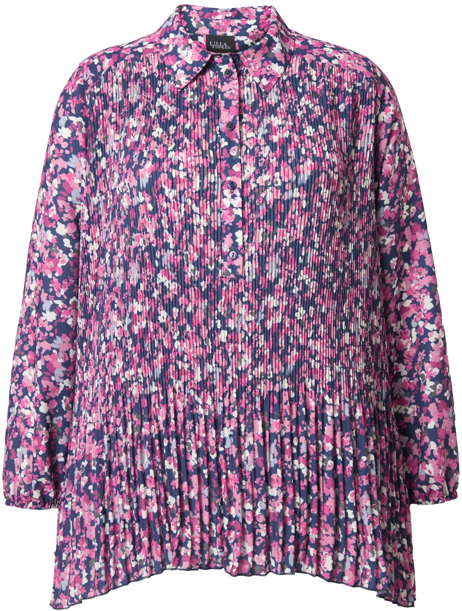 Ulla Popken - Dames - Geplooide blouse bloemen A-lijn overhemdkraag lange mouwen - Lichtroze - Maat 54+