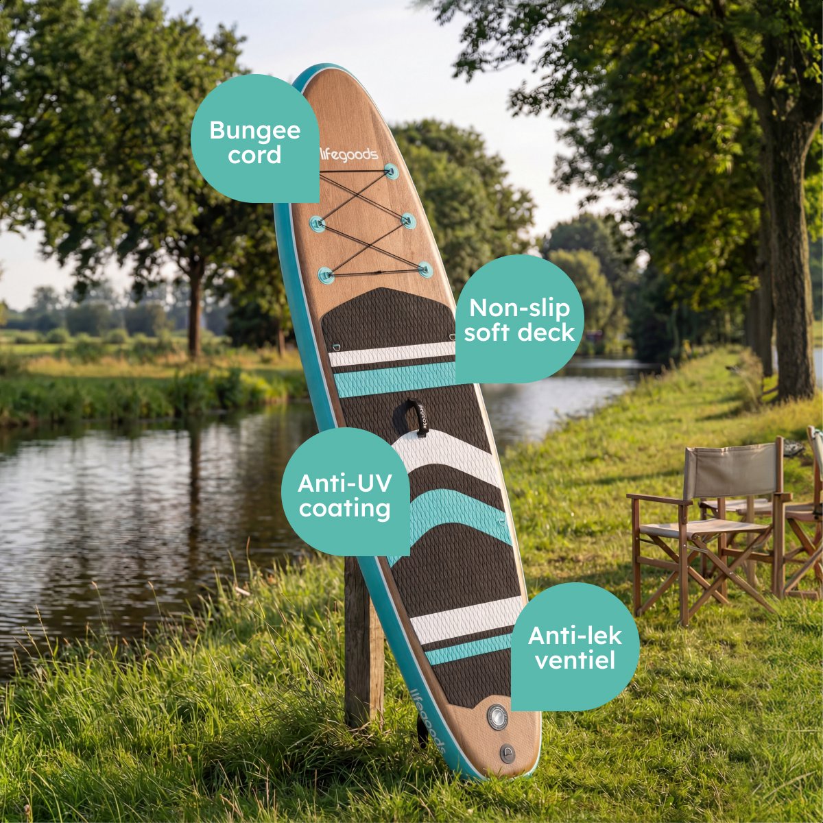 LifeGoods PaddlePro SUP Board - met Zitje - Opblaasbaar Paddle Board - Complete Set - Max. 150KG - 320x81cm - Hout/Blauw – foto 8