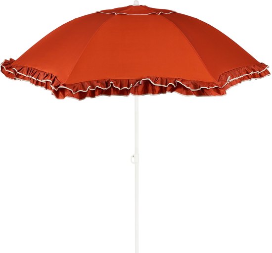 Parasol orange avec bordure blanche, 238 cm de haut.