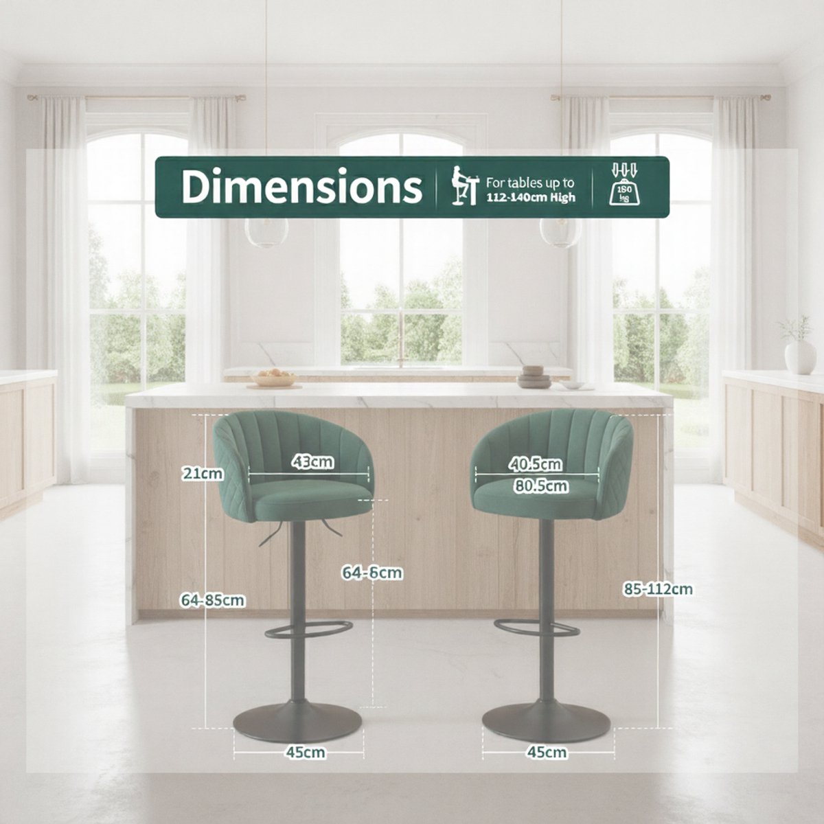Barkruk Set van 2 – House&Garden Luxe 360° Draaibare Verstelbare Barstoelen met Rugleuning en Armleuning – Groen Melkfluweel, Metalen Frame, Voetsteun – Comfortabele Barstoelen voor Keuken, Bar, Eetkamer