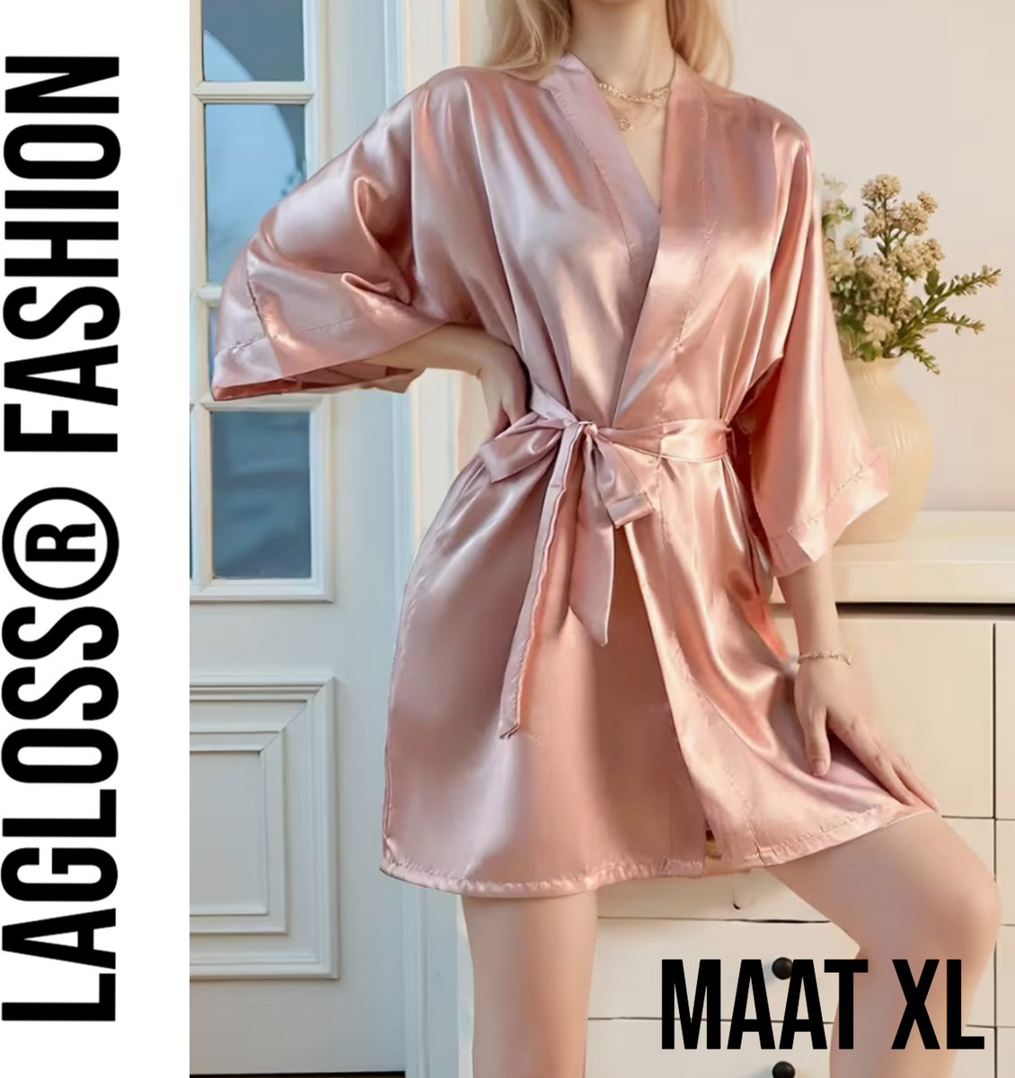 LaGloss® Roze Dames Badjas – Elegante V-Hals met 3/4 Mouwen – Nachtkleding – Maat XL