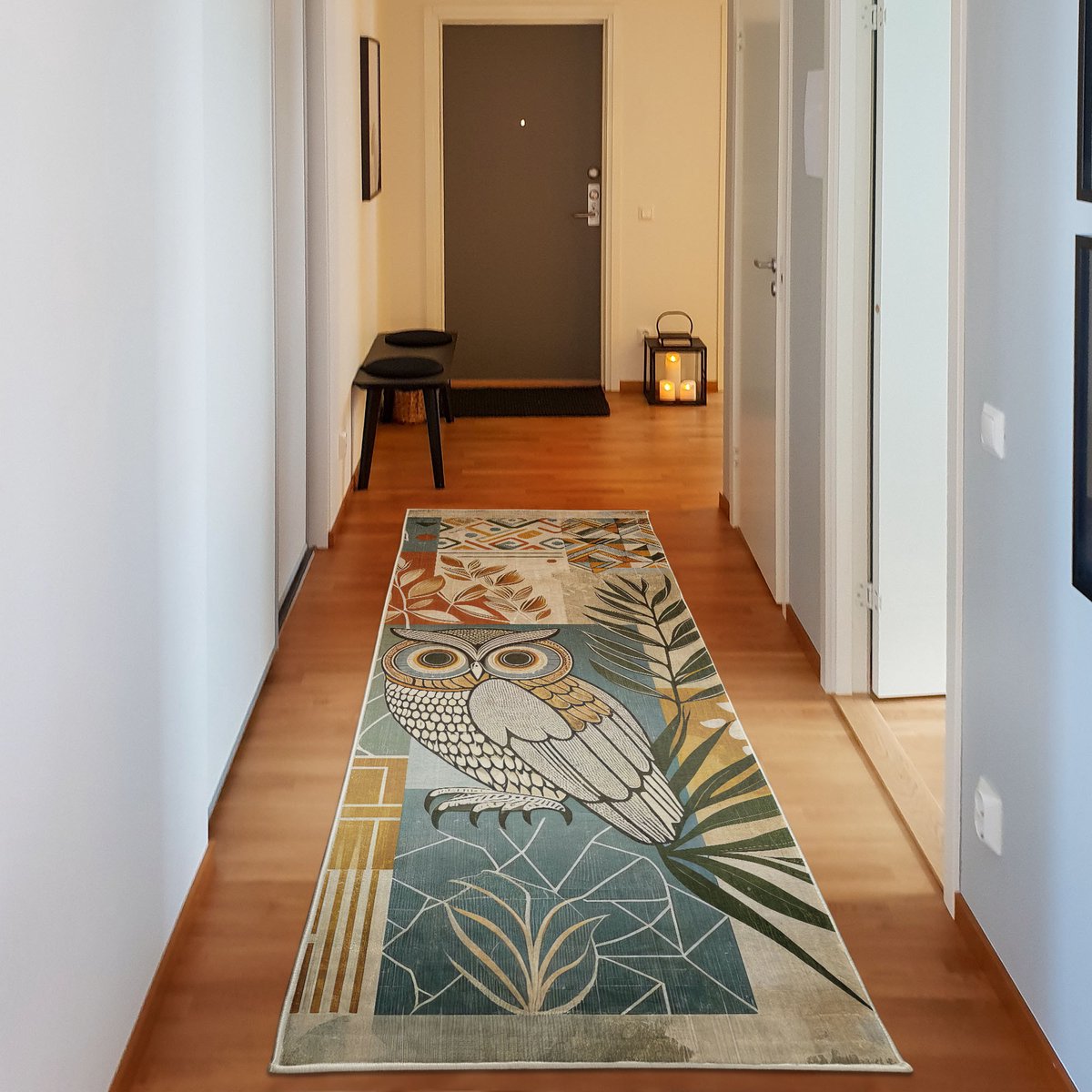 ABAKUHAUS Vloerkleed - Woonkamer Tapijt – tropische bladeren en uil – 76 x 229 cm – jadegroen amber