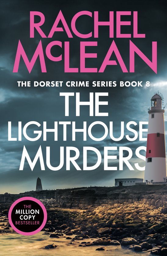 Boekomslag van "The Lighthouse Murders" door Rachel McLean, met een vuurtoren en dramatische lucht.