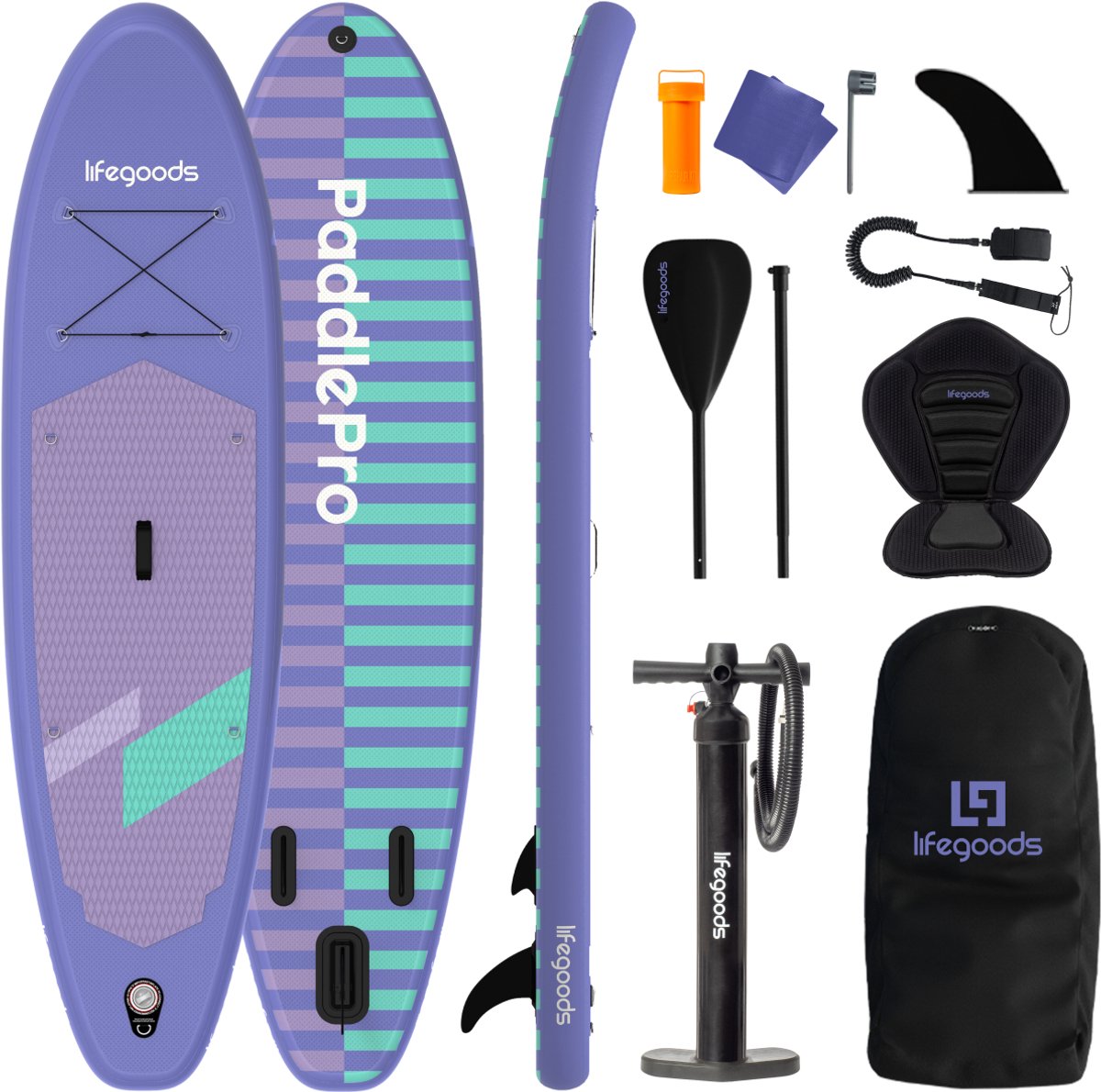 LifeGoods SUP Board Allround Compact - met Zitje - 120 KG Draagkracht - 300 x 76 cm - Opblaasbaar - Compleet SUP pakket - Paars