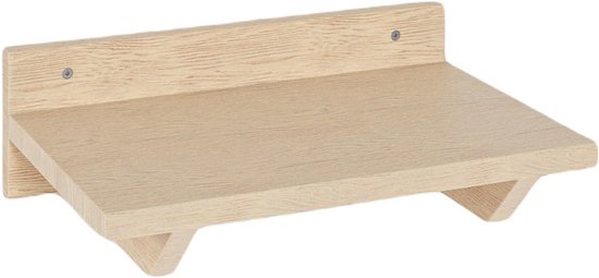 Lichte houten wandplank met een licht gemarmerd patroon en metalen schroeven.