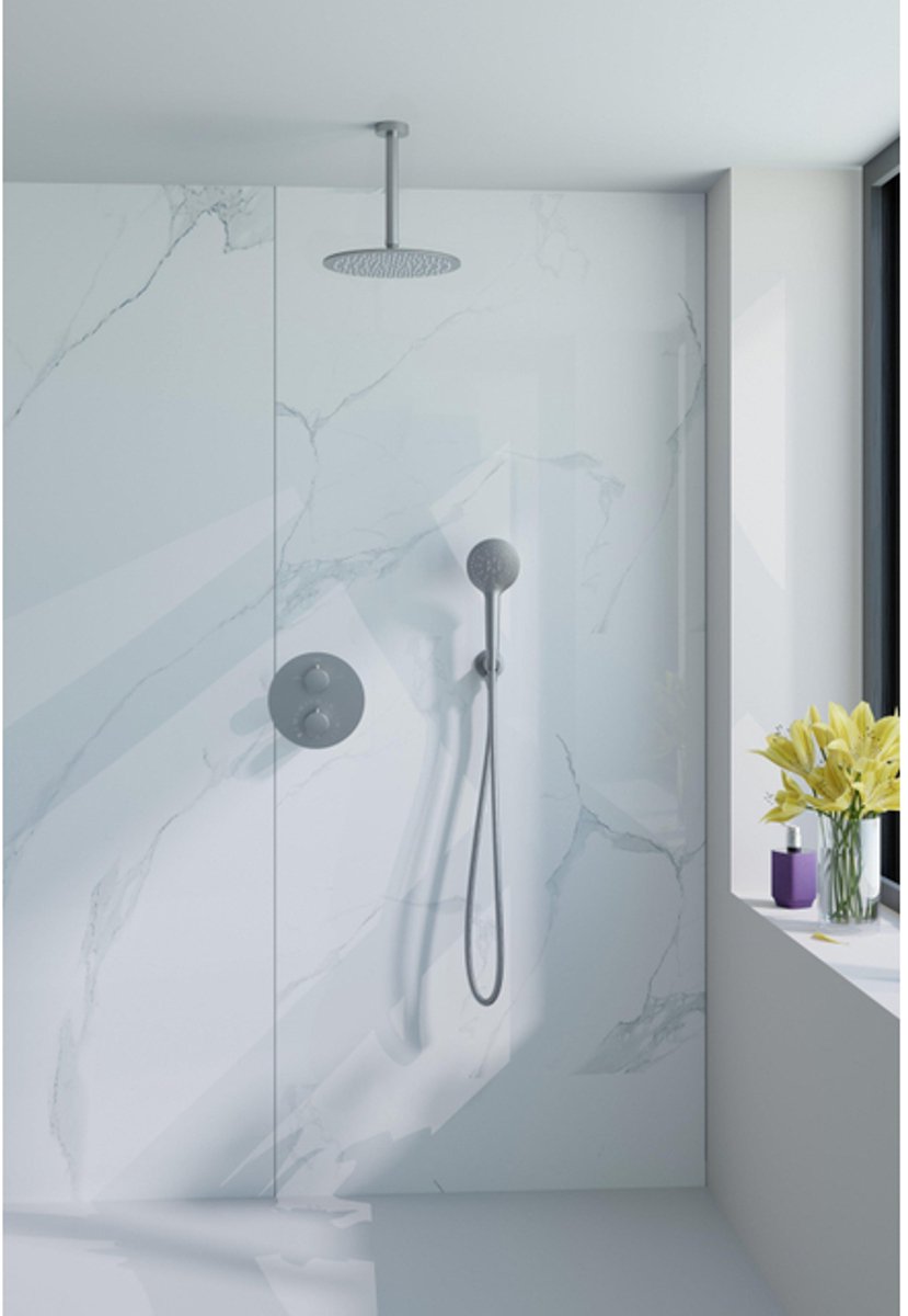 FugaFlow Eccelente Acces Inbouw Regendoucheset - rond - thermostatisch - plafondarm - 25cm hoofddouche - ronde handdouche - gladde slang - Geborsteld RVS PVD (RVS)