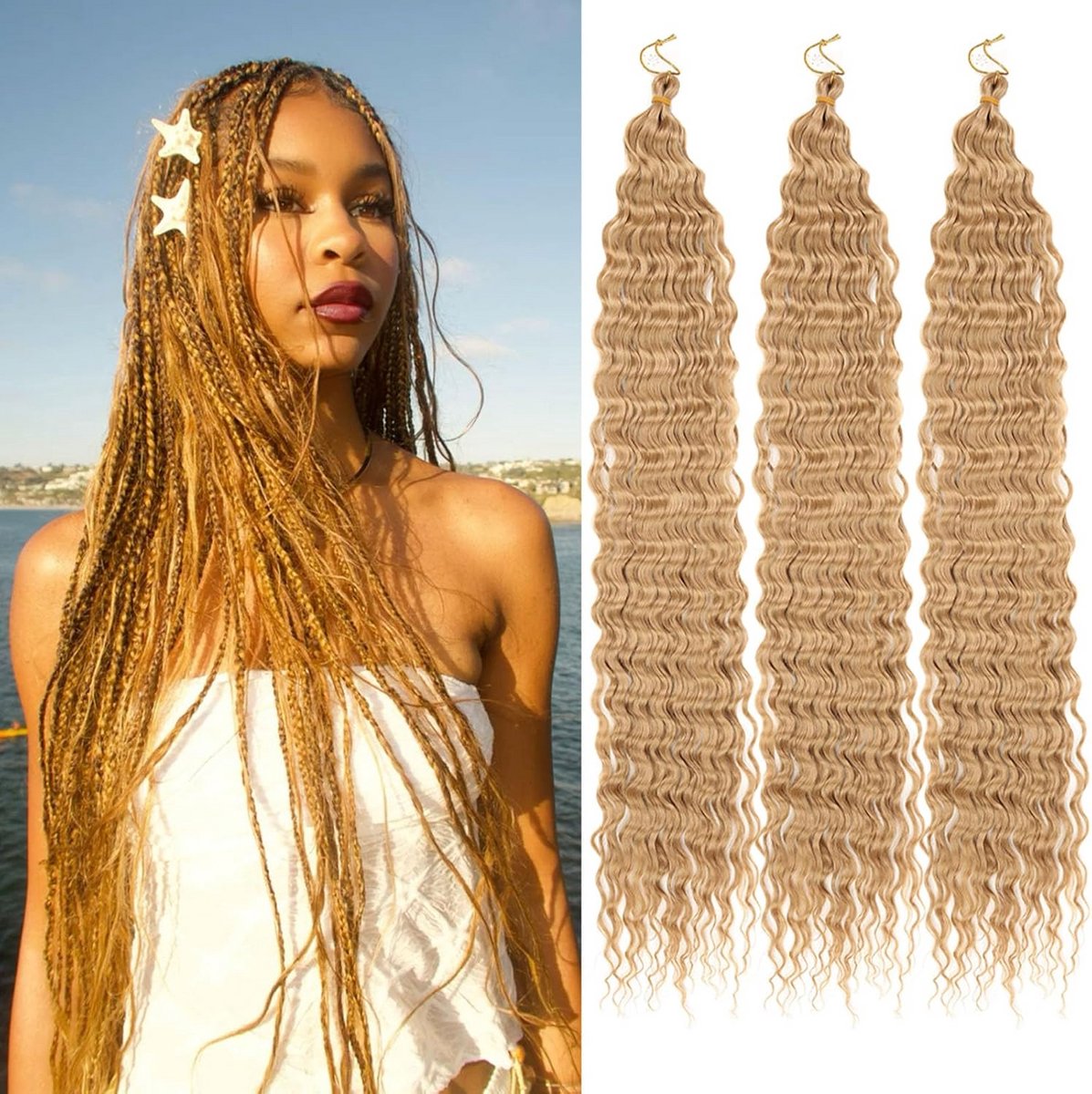 Gehaakt Haar Golfslag Honingblond Lang Synthetisch voor Vrouwen Boho Vlechten