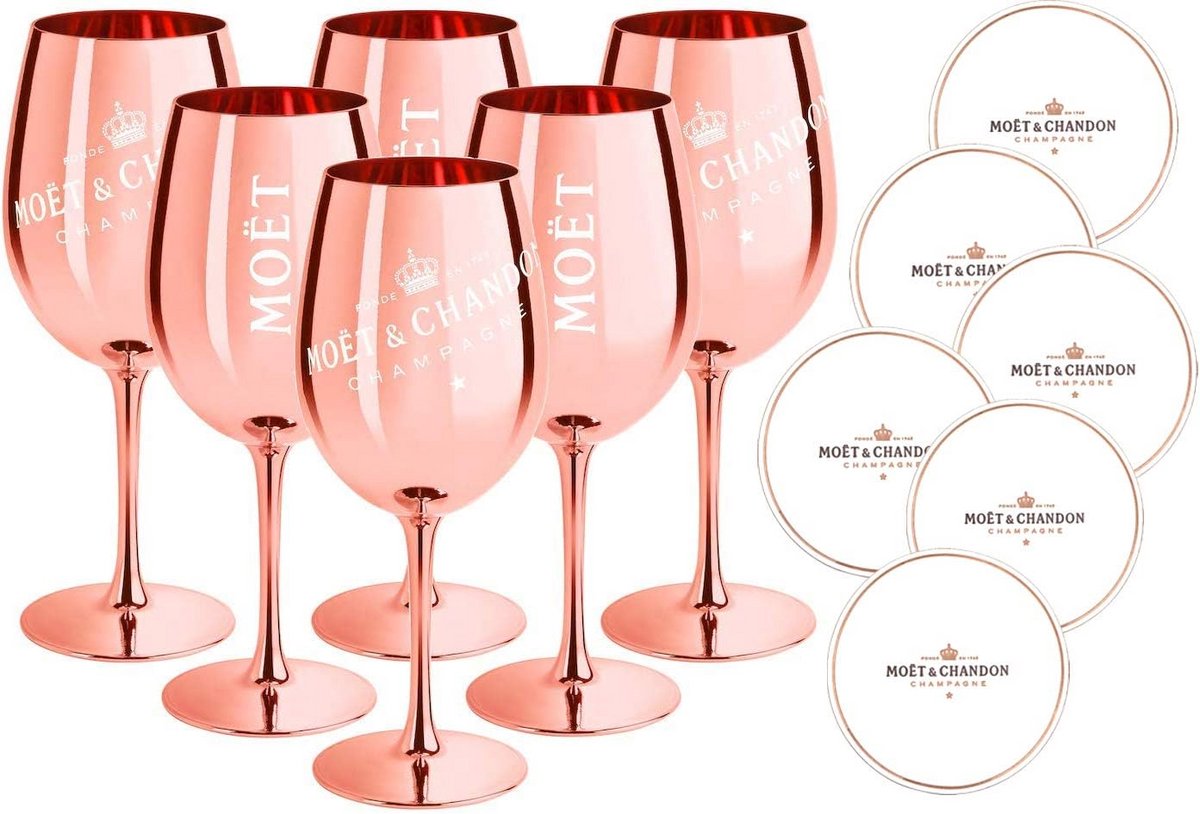 Set van 6 Roségouden Champagneglazen met Onderzetters Luxe Cadeauset