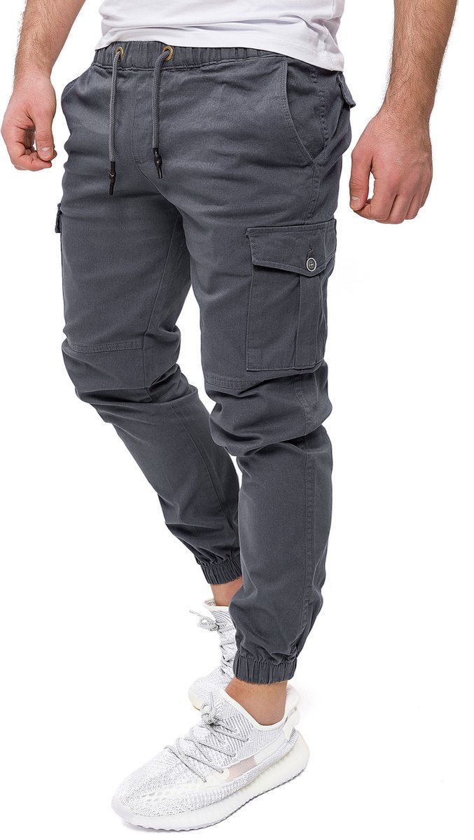 PITTMAN Heren Cargobroek Darius – Tapered Fit – Katoen Stretch – Grijs – Koordsluiting