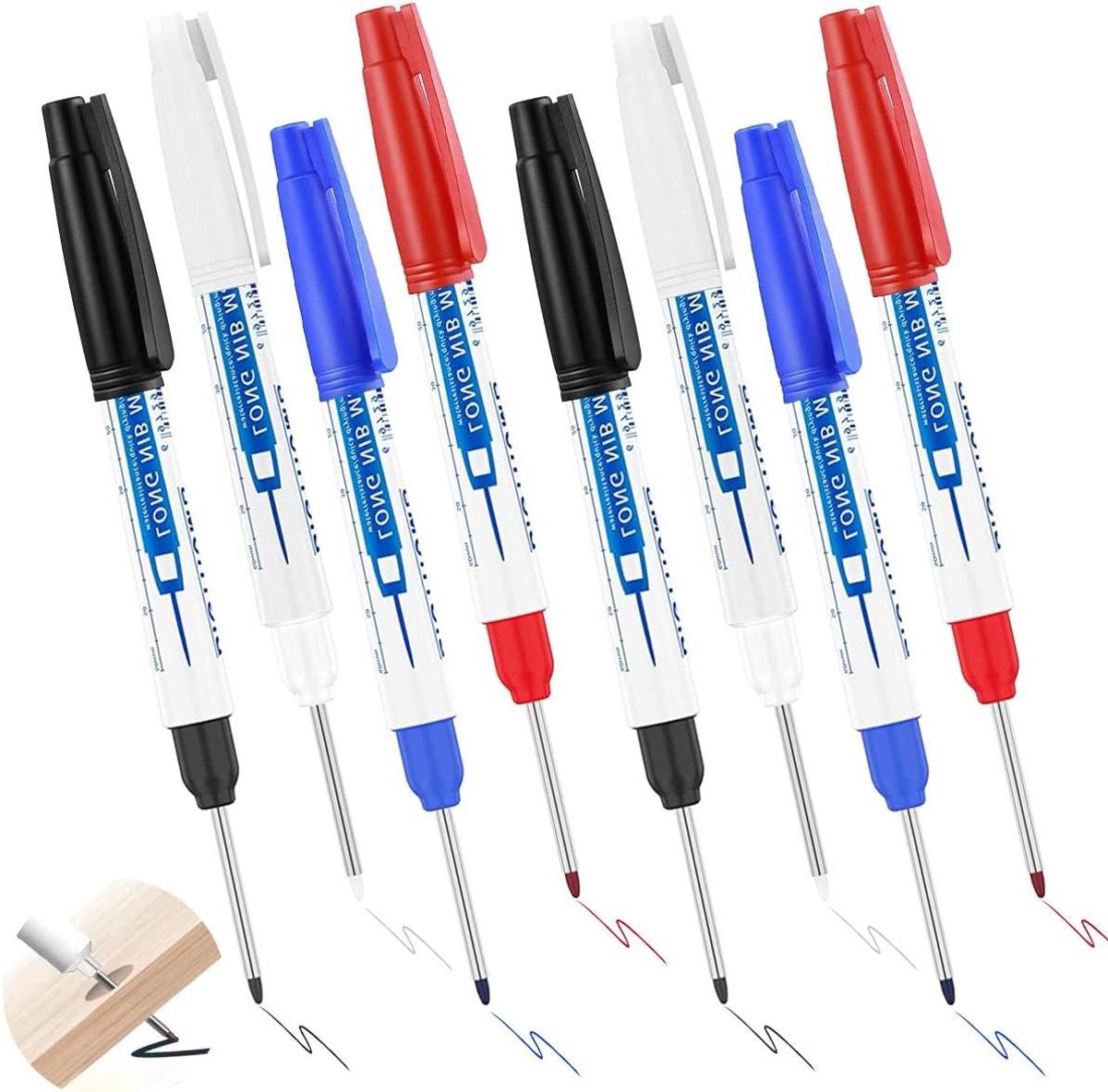 Boorgatmarkers met extra lange punt - Set van 8 stuks voor hout, metaal, betontegels - Draagbare markeerstift - Markeerstift voor bouwplaats - 30 mm