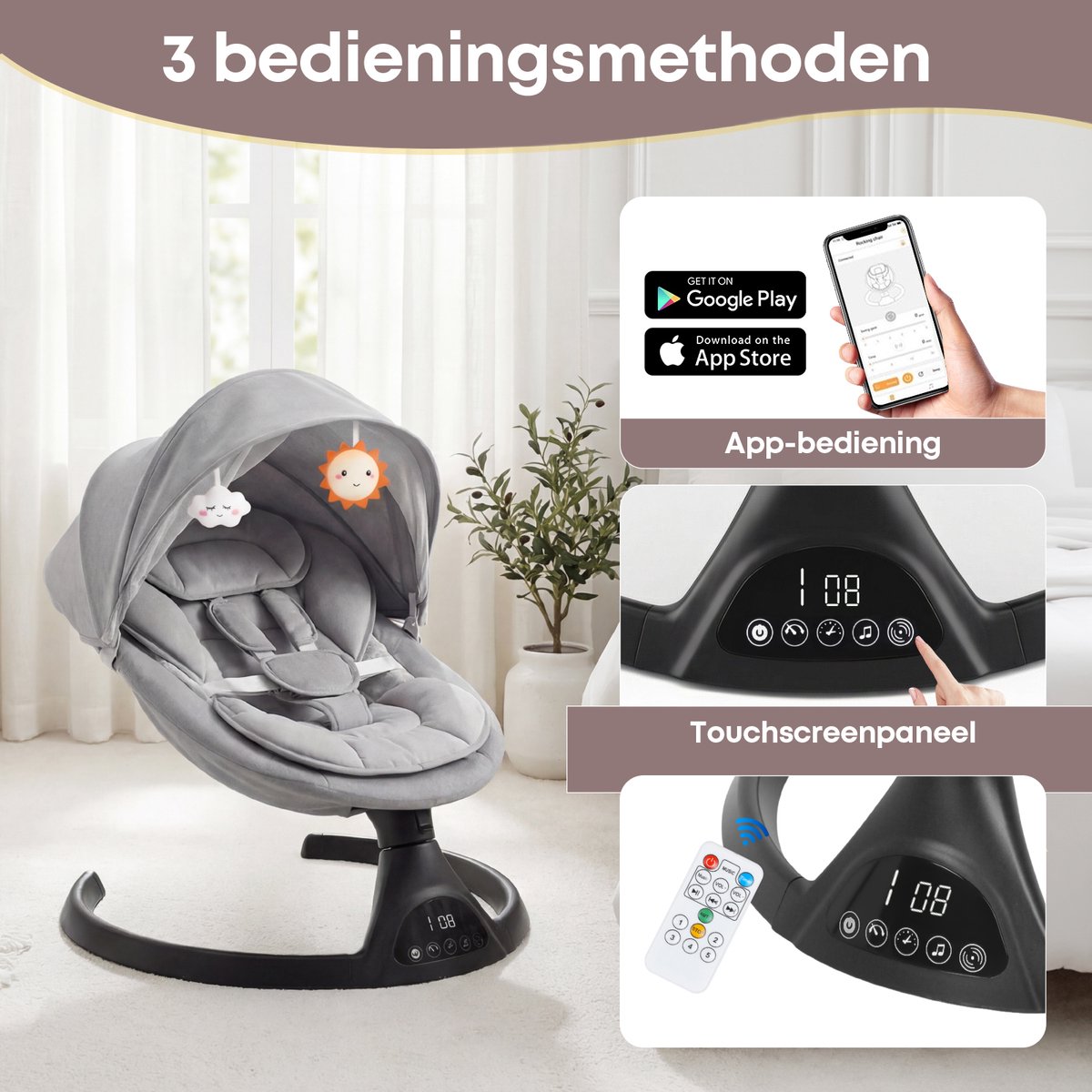 3Babies® Baby Swing – Elektrisch Wipstoel – Babyschommel – Elektrische Schommelstoel baby – Verstelbaar – Wasbare Bekleding – Afstandsbediening en App – Grijs – foto 7