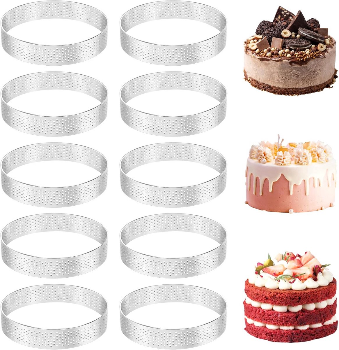 10x Ronde Bakringen van RVS voor Taart, Quiche en Mousse - 10 cm