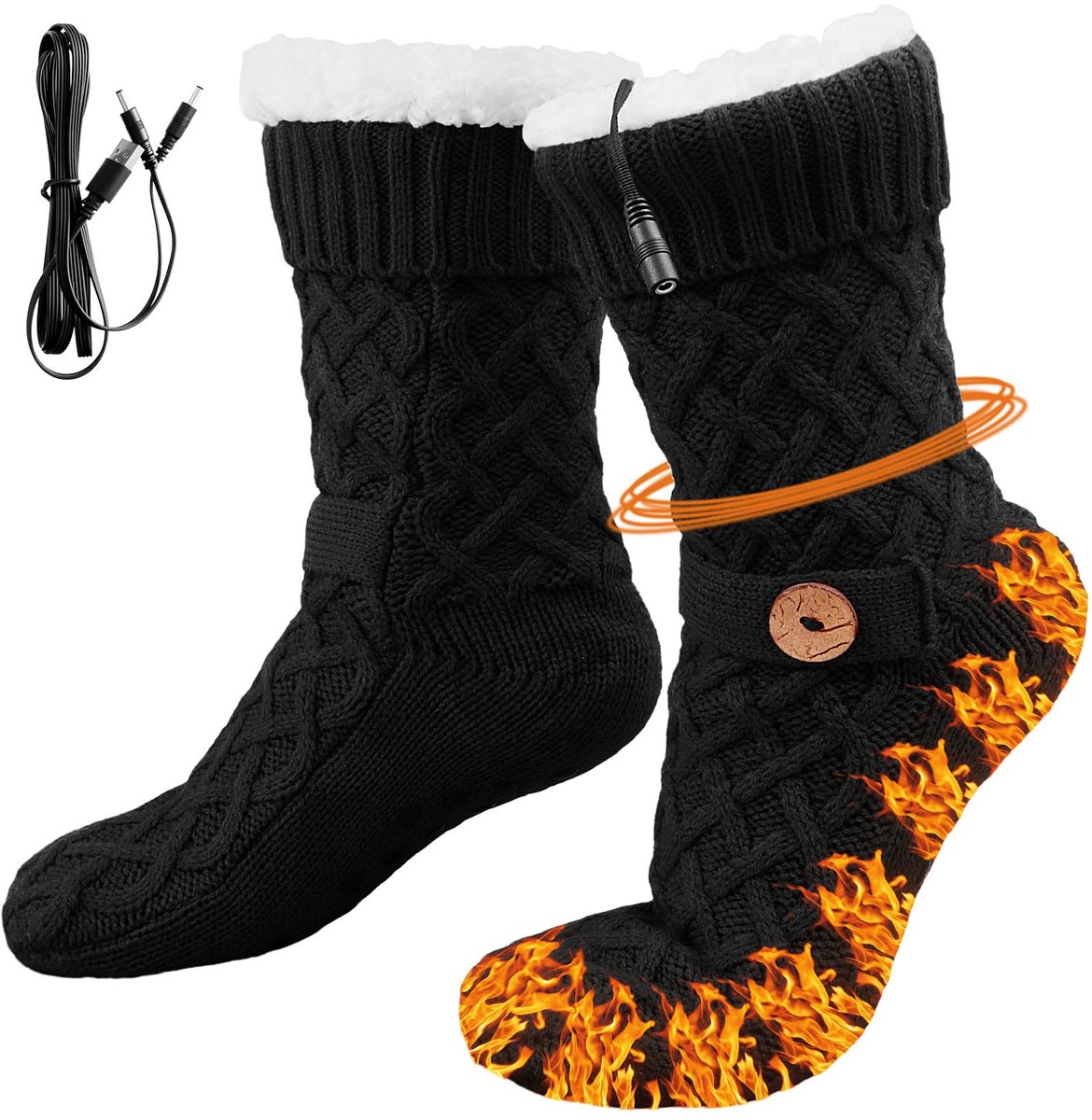 Ynkkvre Verwarmde Sokken Elektrisch Verwarmde Sokken Verwarmde Sokken USB Verwarming Dik Fleece Met Sherpa Binnenvoering Voor Constante Warmte Van 40°C 1 Paar Voor Thuis/Kantoor Zwart