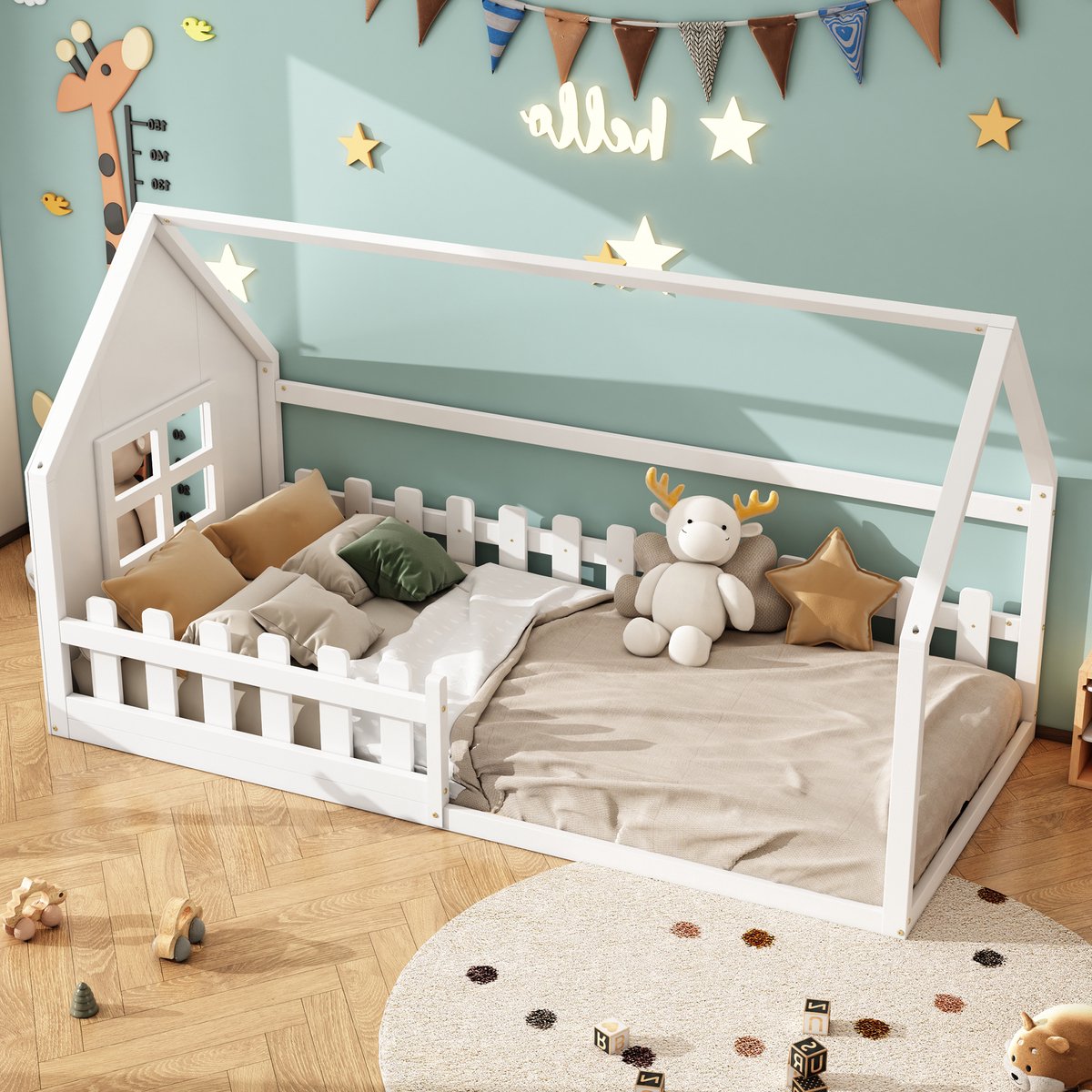 HAUSS SPOLE Kinderbed 90x200cm - Huisvorm Met Speels Ontwerp - 7 Lattenroosters, 140 Kg Draagvermogen - Zonder Matras - Grenen & MDF - Wit