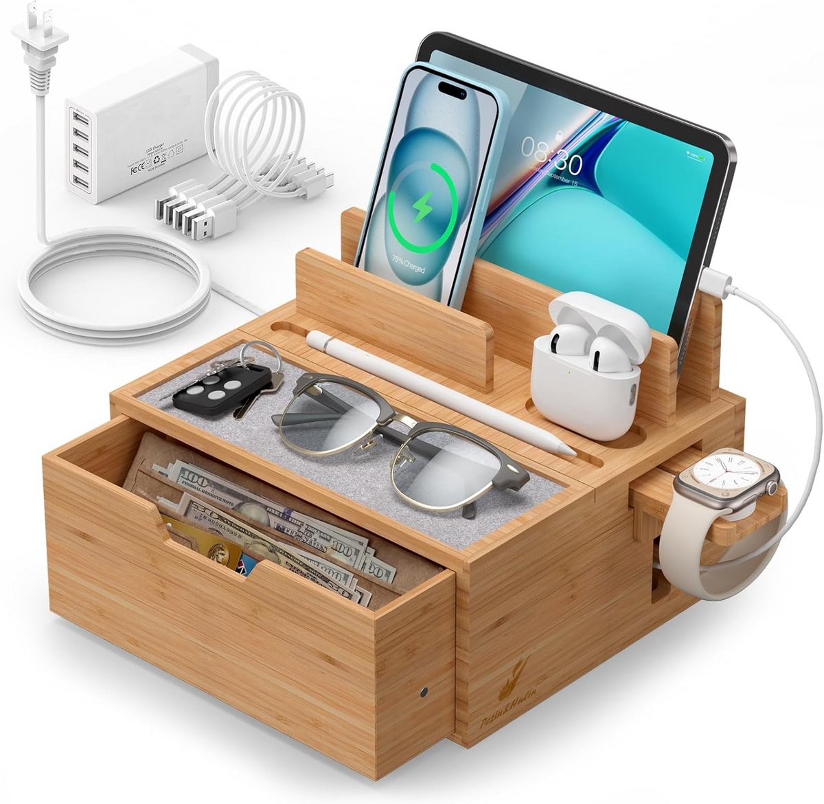Bamboo Oplaadstation Organizer met Lade voor Mobiele Telefoon en Tablet