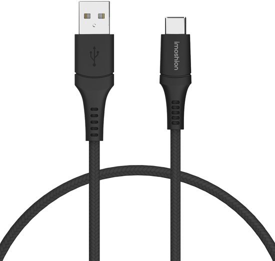 Zwarte imoshion USB-C naar USB-A kabel met gevlochten textiel buitenlaag.