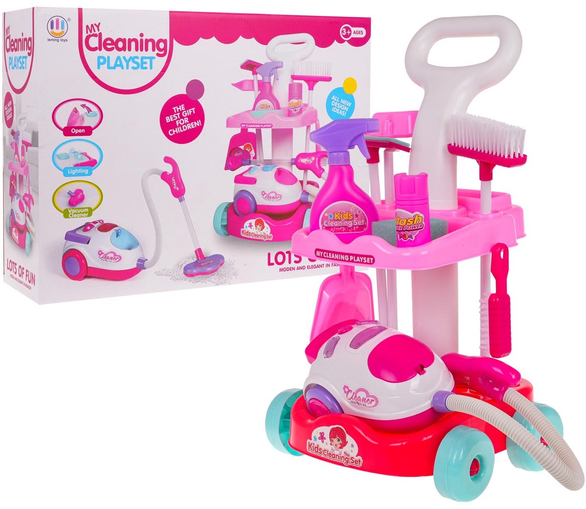 Playos® - Schoonmaaktrolley - Roze - met Stofzuiger -