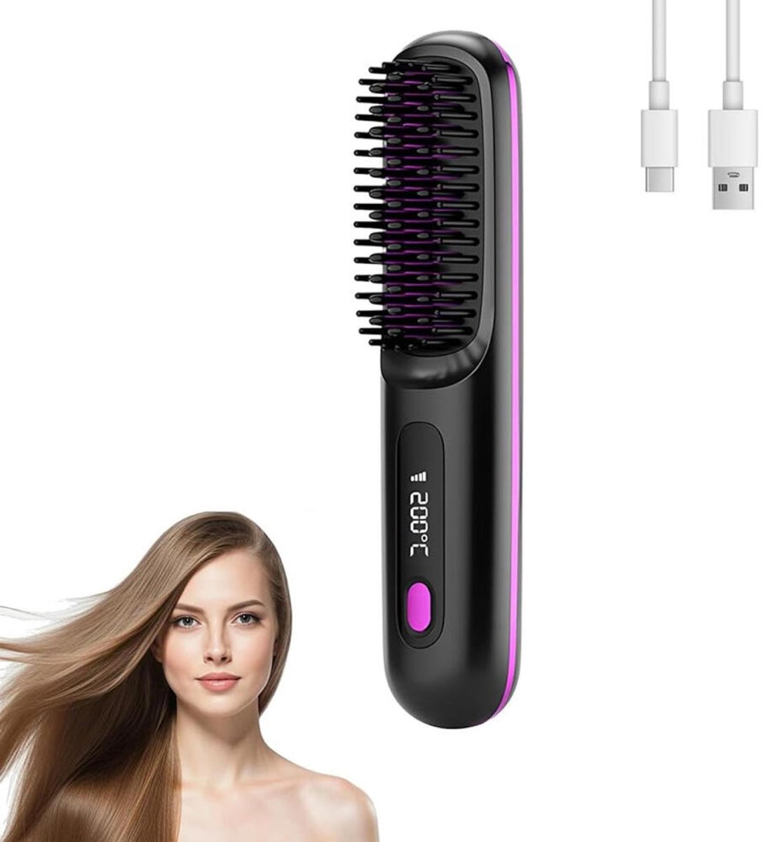 Draagbare USB-oplaadbare stijltang - Draadloze Stijlborstel - Keramisch - Hittebestendige stijltang - 3 Temperatuurinstellingen - Hete Kam - Negatieve Ionen Stijltang voor Vrouwen - Stijlborstels - Warmteborstel - Brush - voor alle haartypen - Zwart