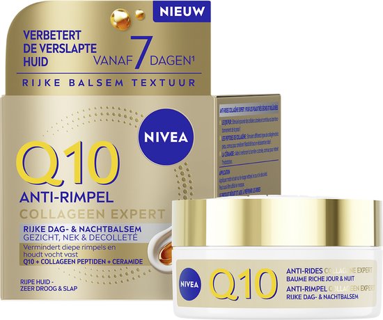 NIVEA Q10 Anti-Rimpel Collageen Expert verpakking met pot. Rijke balsem textuur. Verbetert de verslapte huid vanaf 7 dagen. Voor ruwe, zeer droge & slappe huid.